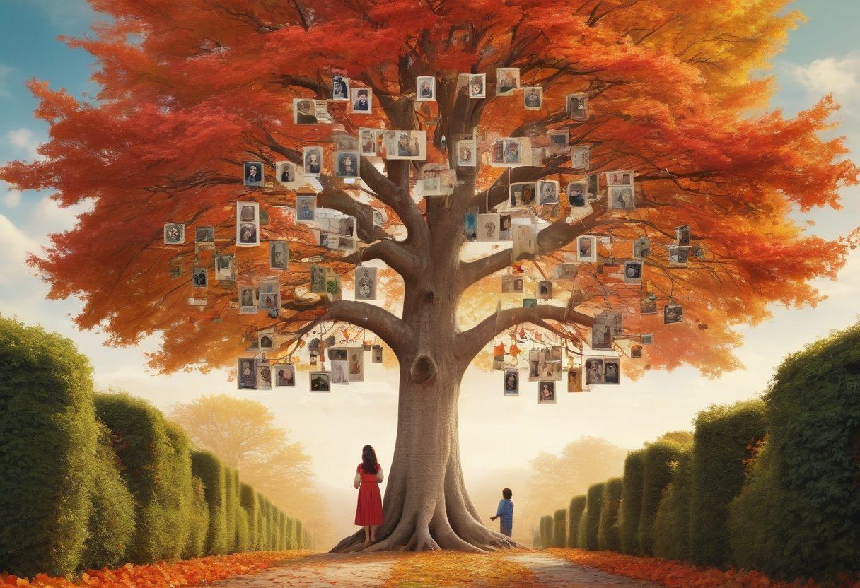 A joyful family tree, with branches adorned with vibrant leaves representing different cultures and traditions, surrounded by happy family members tracing their lineage. The background should show a bright sky and a path leading to a historical family home, symbolizing heritage and discovery. Include elements like old photographs and letters scattered about, creating a nostalgic feel. super-realistic. vibrant colors. cheerful atmosphere.