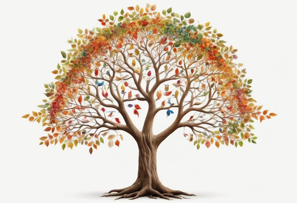A beautifully intertwined family tree with vibrant leaves representing diverse cultures, showcasing heritage symbols from around the world. A joyful person standing at the base, gazing upward with a sense of pride and wonder. Soft, warm lighting to evoke feelings of nostalgia and connection. super-realistic. vibrant colors. white background.