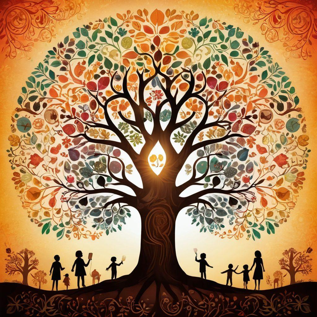 An intricate family tree illustration, featuring vibrant leaves representing different generations, with photos of ancestors included in a whimsical layout. A warm, glowing light surrounds the tree, symbolizing heritage and connection. In the background, silhouettes of joyful family gatherings and nostalgic objects reflect the theme of celebrating the past. super-realistic. vibrant colors. textured background.